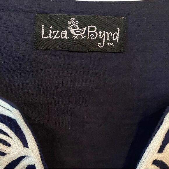Liza Byrd Sz M Navy Blue White Outline Ribbon Trim Cotton Shift Dress - Picture 5 of 8